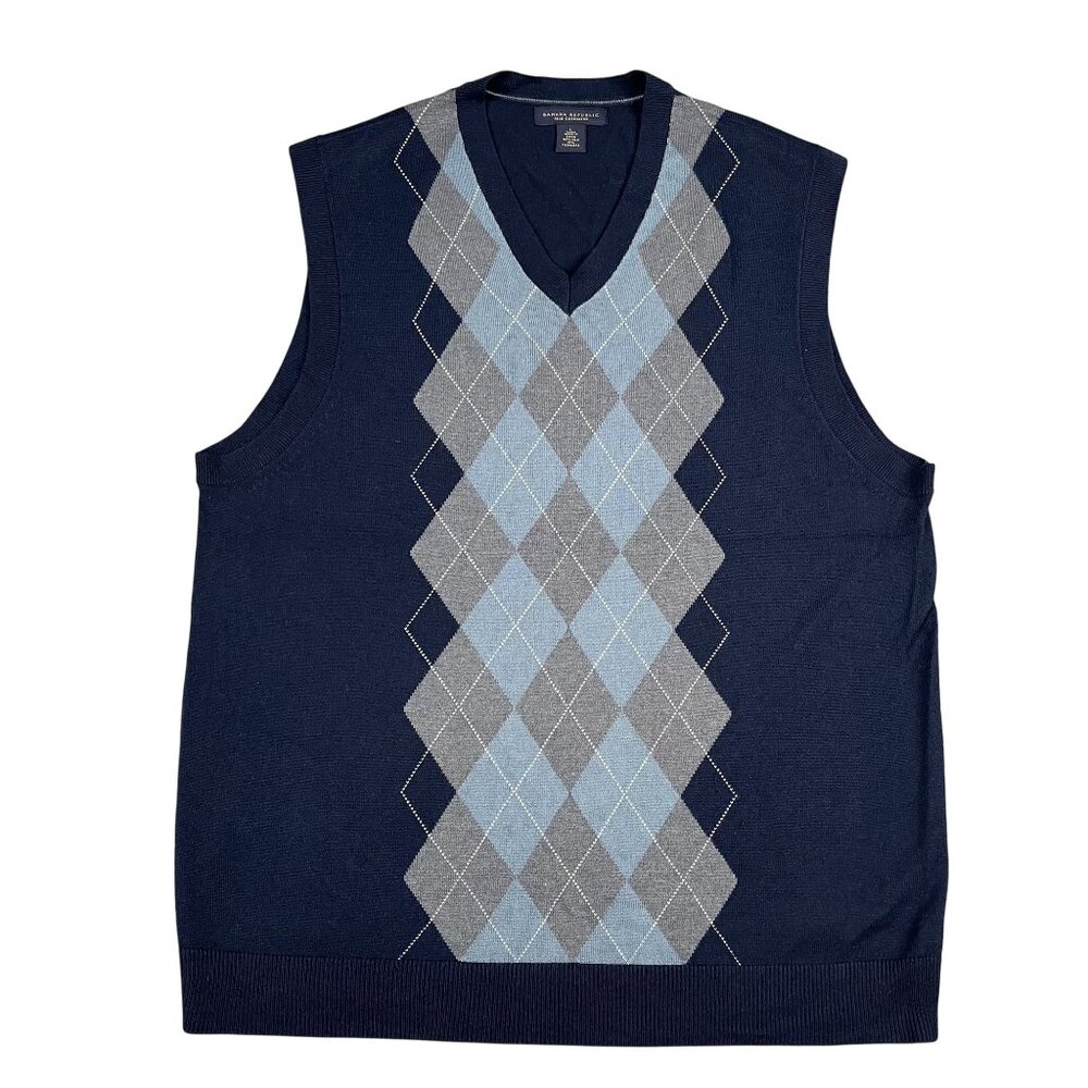 Banana Republic Sweater Vest Mens Large Argyle Silk Cashmere‎ Navy Vneck
